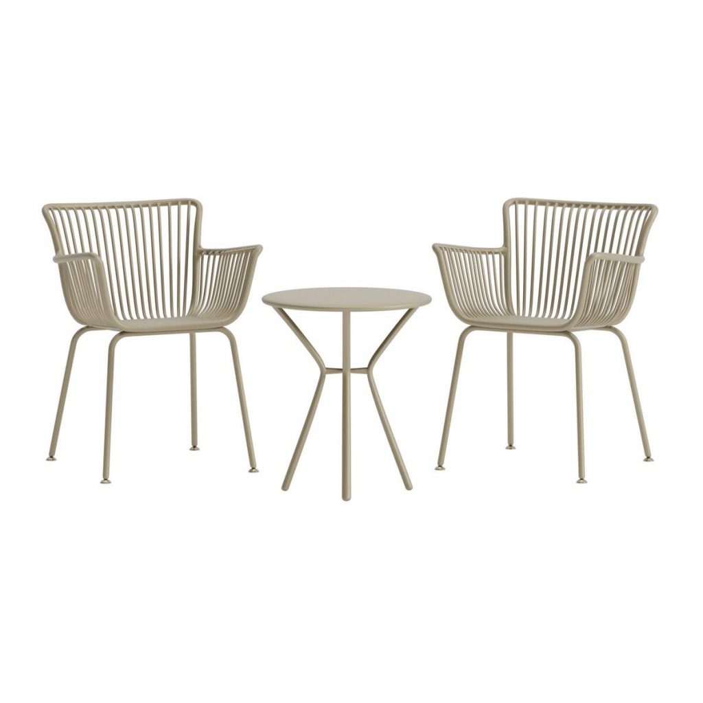 Set balcon Sibel avec deux fauteuils beiges et table ronde en acier