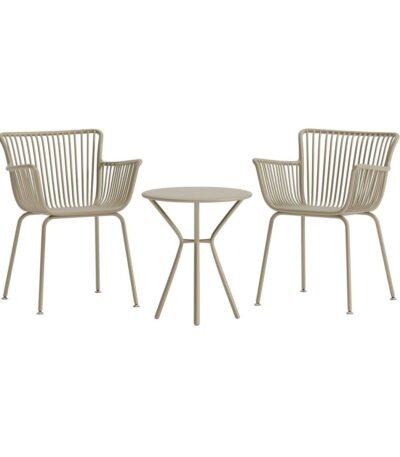 Set balcon Sibel avec deux fauteuils beiges et table ronde en acier