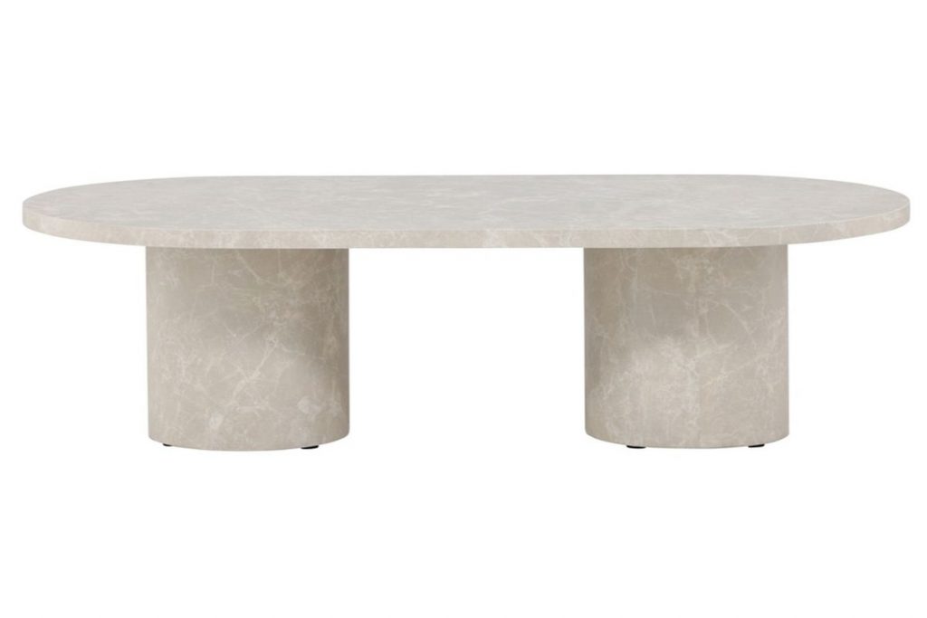Table basse Alba beige 120 x 60 cm effet marbre avec pieds cylindriques, table basse ovale pour salon
