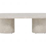 Table basse Alba beige 120 x 60 cm effet marbre avec pieds cylindriques, table basse ovale pour salon