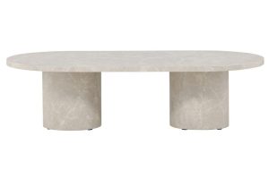 Table basse Alba beige 120 x 60 cm effet marbre avec pieds cylindriques, table basse ovale pour salon