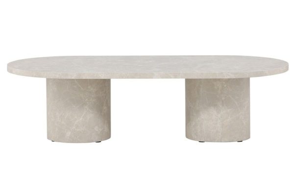 Table basse Alba beige 120 x 60 cm effet marbre avec pieds cylindriques, table basse ovale pour salon