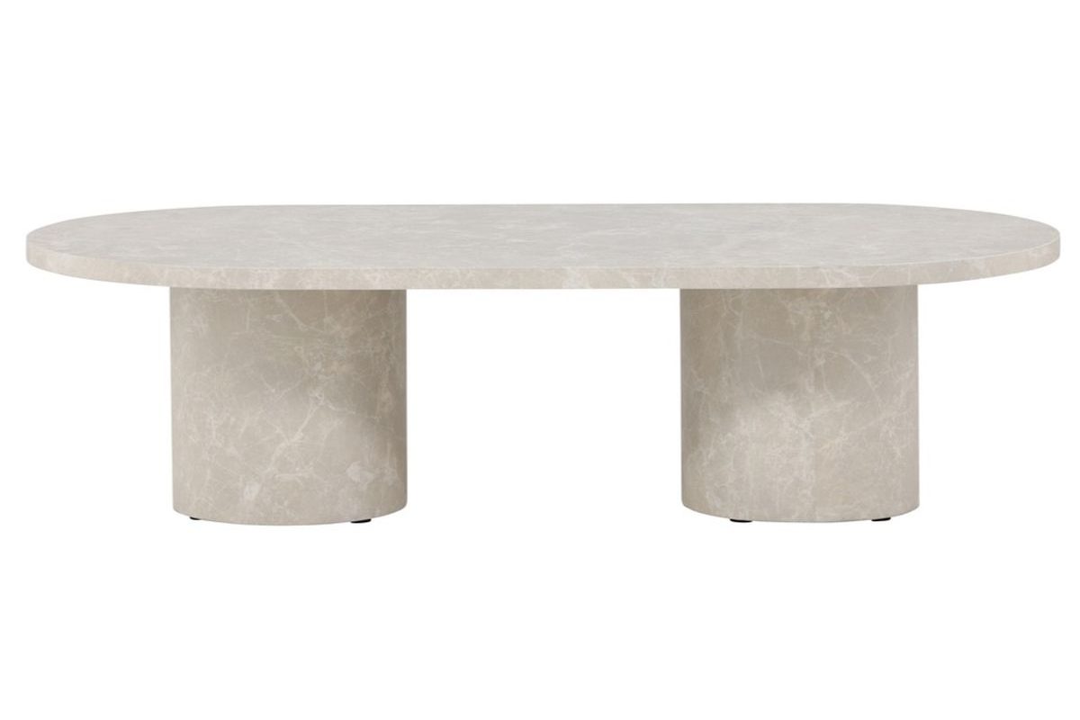 Table basse Alba beige 120 x 60 cm effet marbre avec pieds cylindriques, table basse ovale pour salon