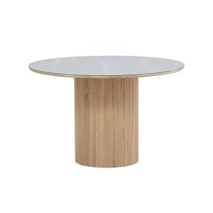 Table de salle à manger 120 cm Harold avec plateau en verre et pied nervuré design.