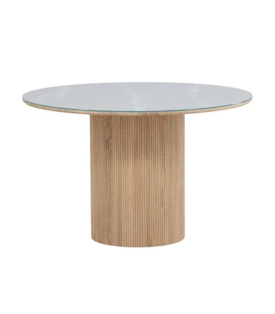 Table de salle à manger 120 cm Harold avec plateau en verre et pied nervuré design.