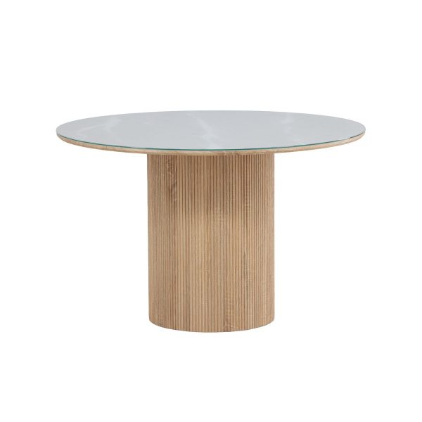 Table de salle à manger 120 cm Harold avec plateau en verre et pied nervuré design.