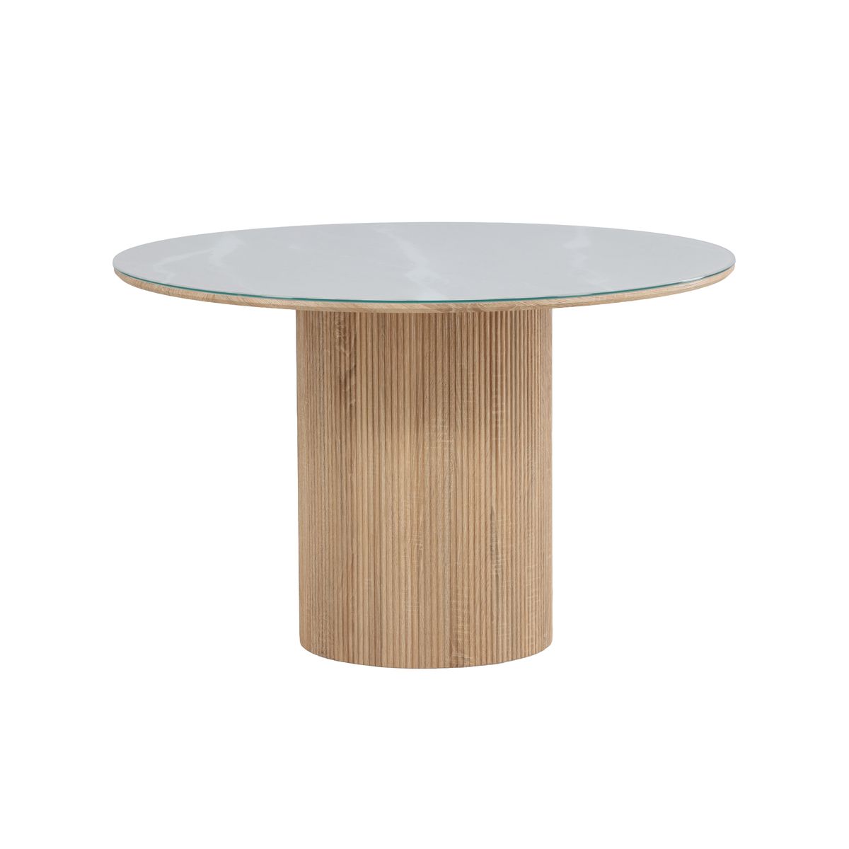 Table de salle à manger 120 cm Harold avec plateau en verre et pied nervuré design.