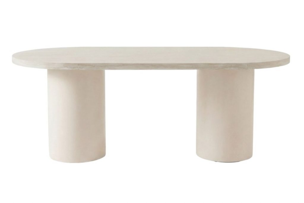 Table ovale Alba beige 200 cm effet travertin avec pieds cylindriques, table à manger 6 places moderne