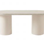 Table ovale Alba beige 200 cm effet travertin avec pieds cylindriques, table à manger 6 places moderne