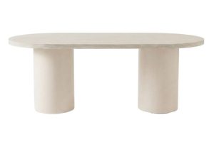 Table ovale Alba beige 200 cm effet travertin avec pieds cylindriques, table à manger 6 places moderne