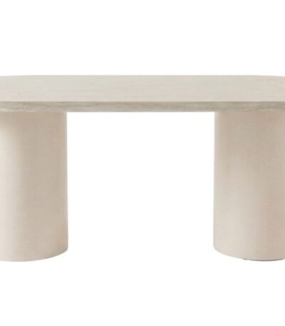Table ovale Alba beige 200 cm effet travertin avec pieds cylindriques, table à manger 6 places moderne