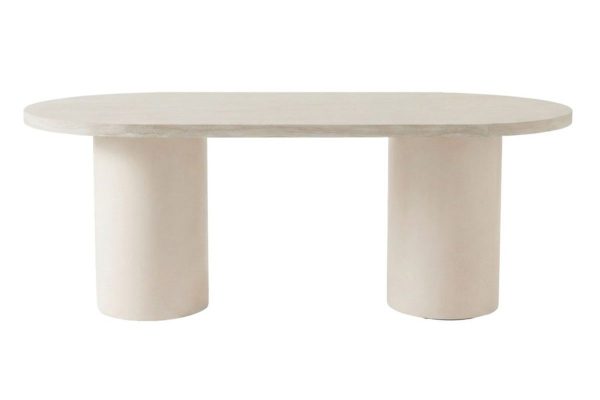 Table ovale Alba beige 200 cm effet travertin avec pieds cylindriques, table à manger 6 places moderne