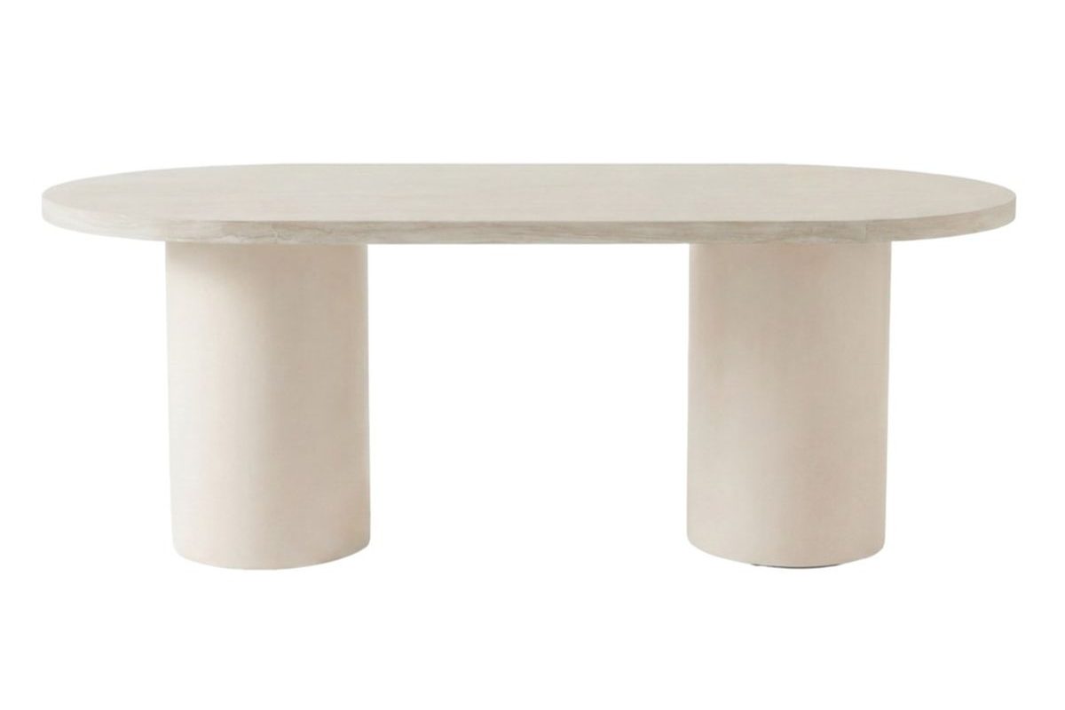 Table ovale Alba beige 200 cm effet travertin avec pieds cylindriques, table à manger 6 places moderne