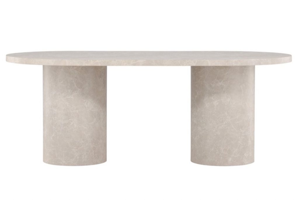 Table ovale Alba 200 cm effet marbre beige avec pieds cylindriques, table à manger 6 places moderne