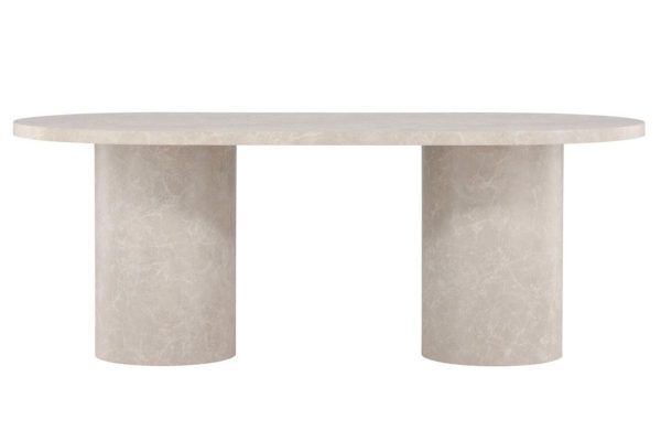 Table ovale Alba 200 cm effet marbre beige avec pieds cylindriques, table à manger 6 places moderne