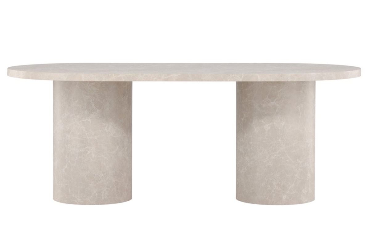 Table ovale Alba 200 cm effet marbre beige avec pieds cylindriques, table à manger 6 places moderne