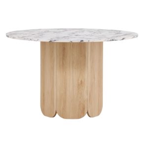 Table ronde Telma 120 cm plateau gris avec pied central beige, table à manger 4 places design