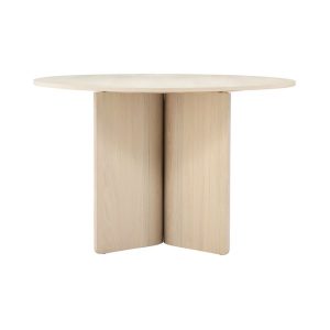 Table ronde Tyra blanchi en bois clair avec pied central, table à manger design épuré