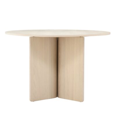 Table ronde Tyra blanchi en bois clair avec pied central, table à manger design épuré