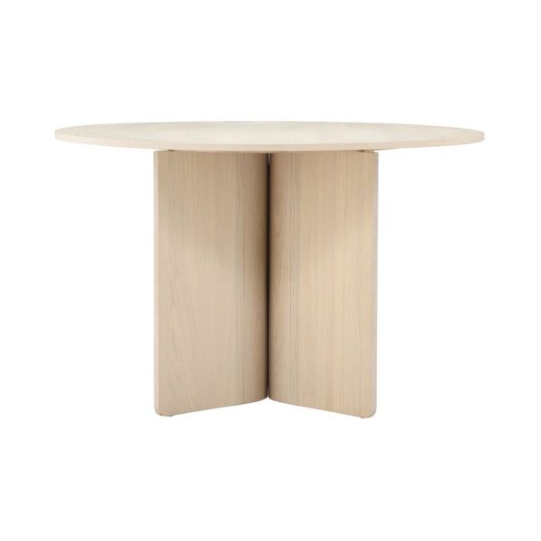 table ronde tyra blanchi (2) Table ronde Tyra blanchi en bois clair avec pied central, table à manger design épuré