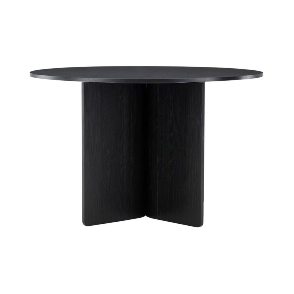 table ronde Tyra noire avec plateau rond et pied central, table à manger design épuré