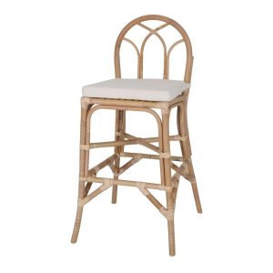 Tabouret de bar Avel en rotin avec coussin, tabouret haut naturel pour îlot central ou cuisine