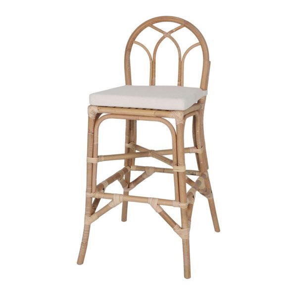 Tabouret de bar Avel en rotin avec coussin, tabouret haut naturel pour îlot central ou cuisine