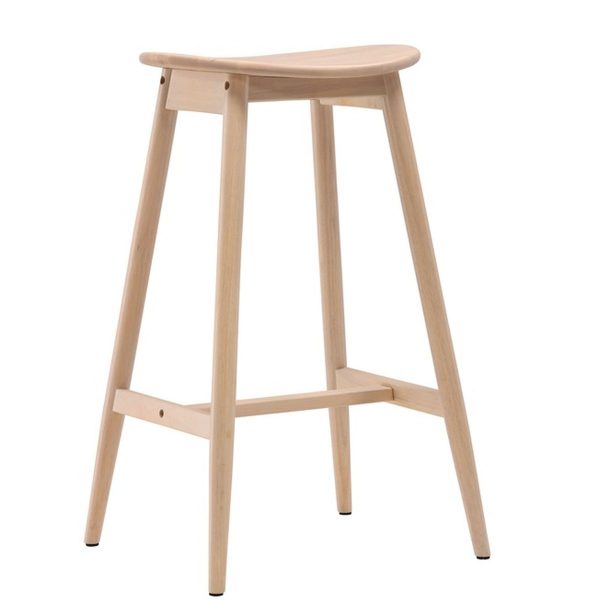 Tabouret de bar en bois VARO blanchi, design scandinave épuré avec repose-pieds, assise ovale en bois naturel
