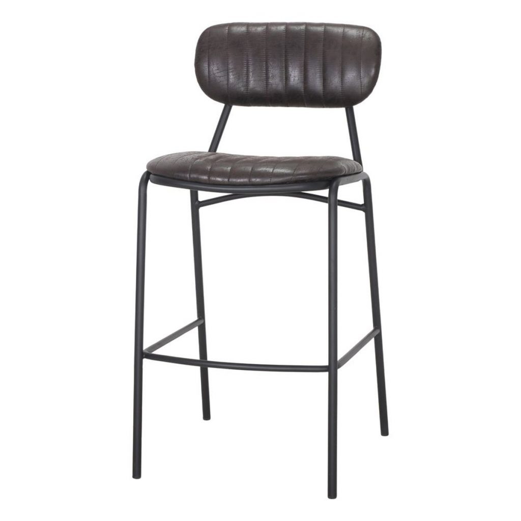 Tabouret de bar Nao noir avec assise en simili cuir et piètement acier style industriel.