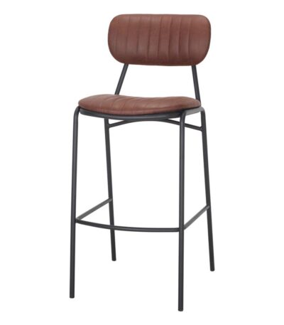 Tabouret de bar Nao marron en similicuir avec structure noire pour cuisine industrielle.