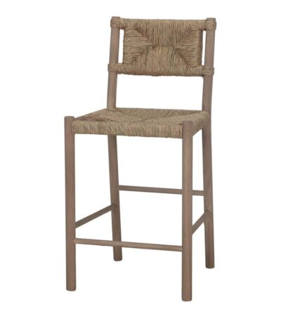 Tabouret Luca en bois et fibres tressées, style méditerranéen, tabouret de cuisine naturel avec dossier pour intérieur ou terrasse couverte