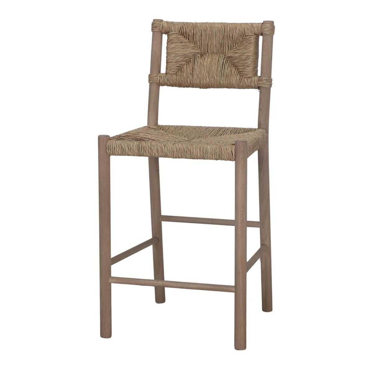 Tabouret Luca en bois et fibres tressées, style méditerranéen, tabouret de cuisine naturel avec dossier pour intérieur ou terrasse couverte