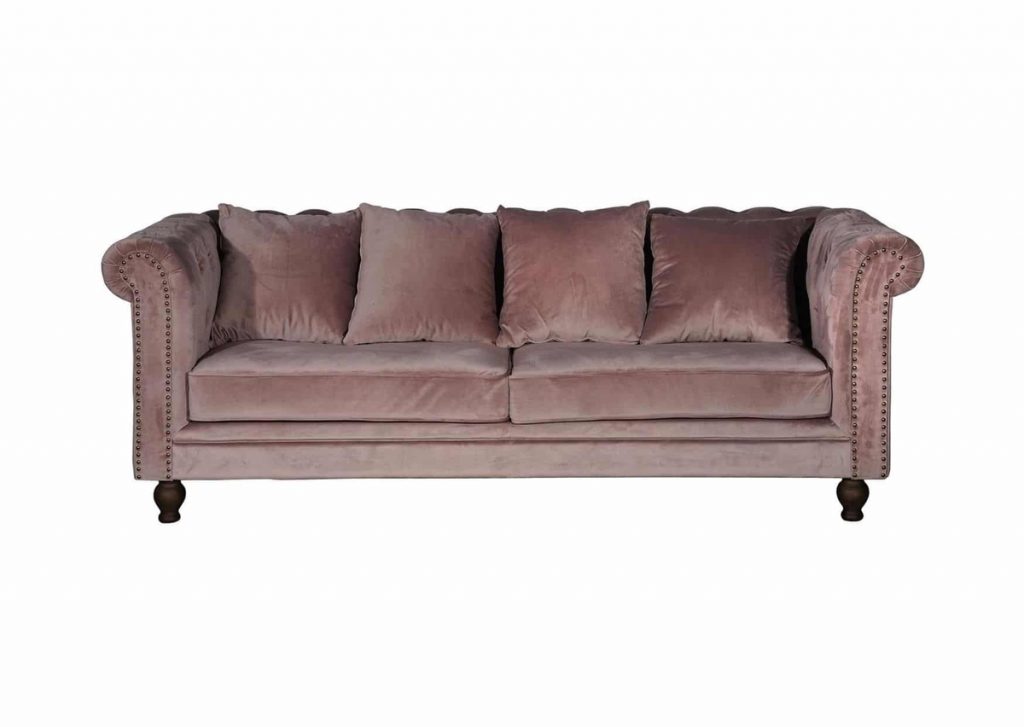 Canapé 3 places en velours rose Vermont avec accoudoirs Chesterfield, finitions cloutées et pieds en bois