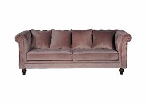 Canapé 3 places en velours rose Vermont avec accoudoirs Chesterfield, finitions cloutées et pieds en bois