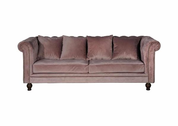 Canapé 3 places en velours rose Vermont avec accoudoirs Chesterfield, finitions cloutées et pieds en bois
