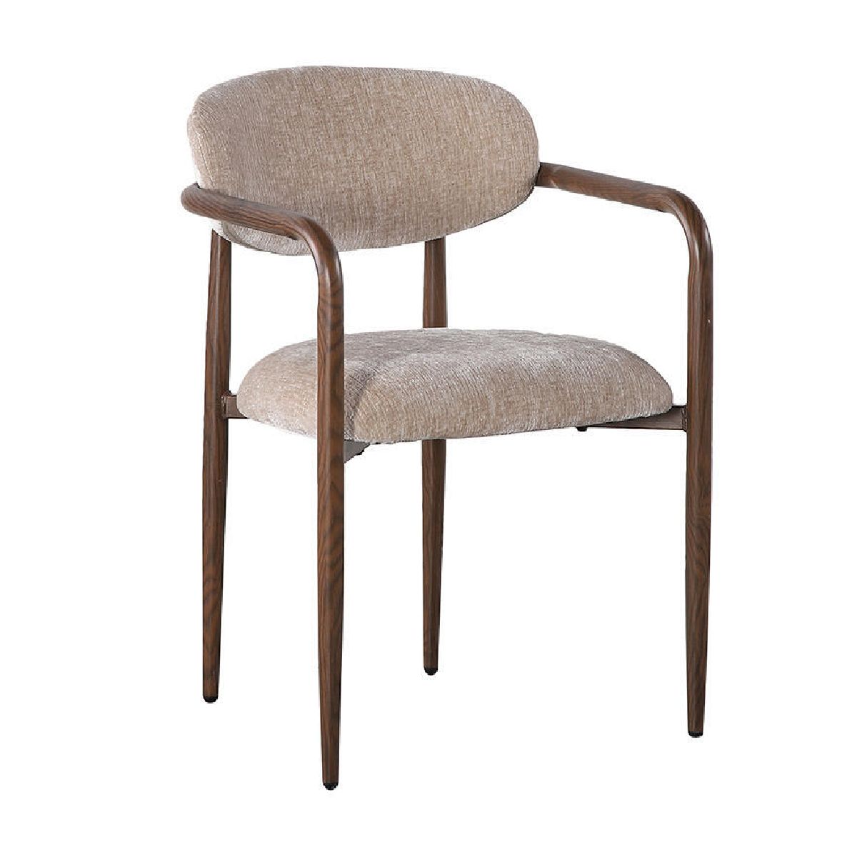 Chaise beige sake au style Japandi avec accoudoirs et structure aspect bois pour salle a manger.