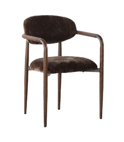 Chaise marron sake au style Japandi avec accoudoirs et structure aspect bois pour salle a manger.