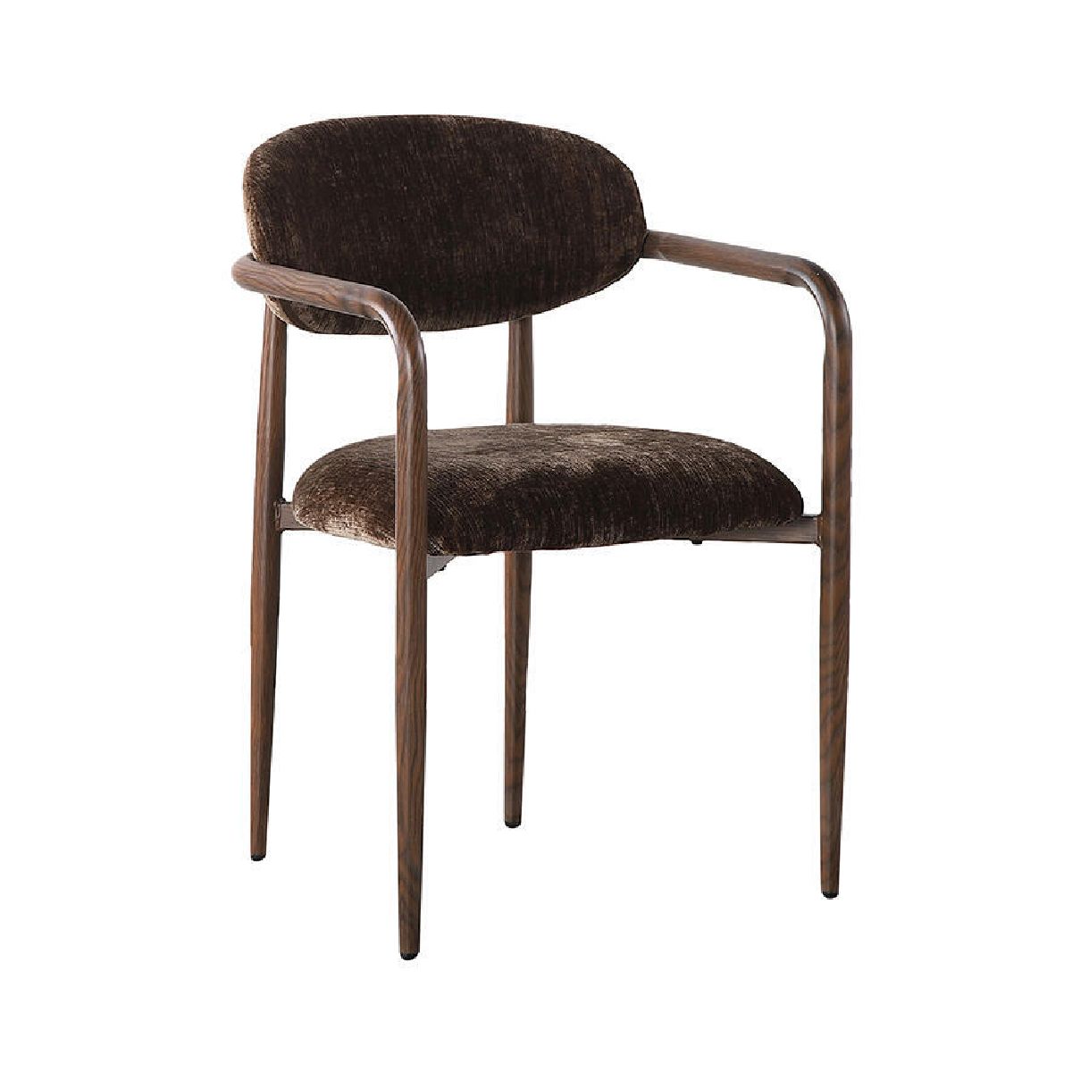 Chaise marron sake au style Japandi avec accoudoirs et structure aspect bois pour salle a manger.
