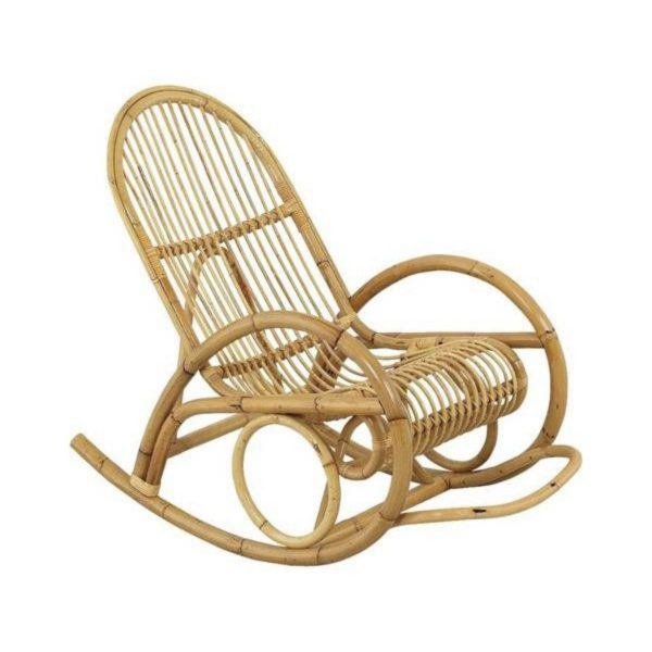 Rocking-chair Philomène en rotin naturel avec dossier haut, filet ajouré et structure à bascule