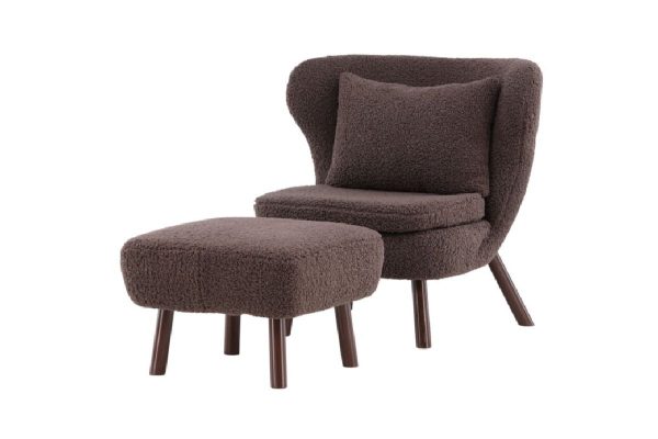 Fauteuil Rye tissu teddy marron avec repose-pieds (4) Fauteuil de salon Hadol à dossier haut