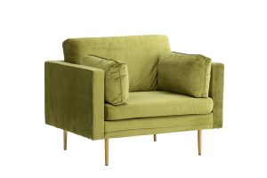 Fauteuil de salon vert Bosco en velours avec coussins et pieds fins dans un intérieur contemporain