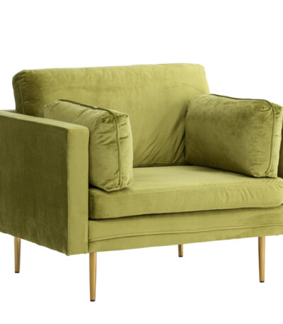 Fauteuil de salon vert Bosco en velours avec coussins et pieds fins dans un intérieur contemporain