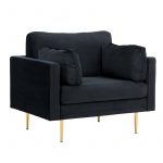Fauteuil de salon Bosco noir pieds laiton en velours avec coussins et piètement doré dans un intérieur contemporain
