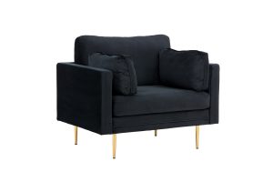 Fauteuil de salon Bosco noir pieds laiton en velours avec coussins et piètement doré dans un intérieur contemporain