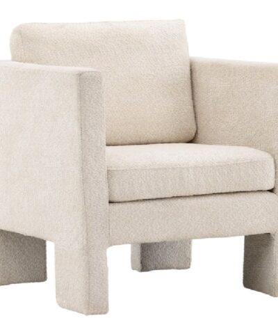 Fauteuil de salon blanc Raids en tissu bouclé avec accoudoirs hauts et coussins amovibles dans un intérieur contemporain