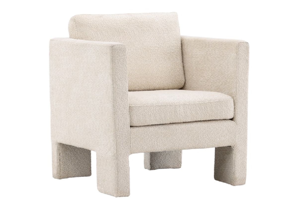 Fauteuil de salon blanc Raids en tissu bouclé avec accoudoirs hauts et coussins amovibles dans un intérieur contemporain