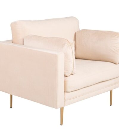 Fauteuil de salon crème Bosco en velours avec assise profonde et coussins dans un intérieur contemporain