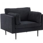 Fauteuil de salon noir Bosco esprit rotin home (1) Fauteuil de salon noir Bosco en tissu avec coussins généreux et pieds fins en acier dans un intérieur contemporain