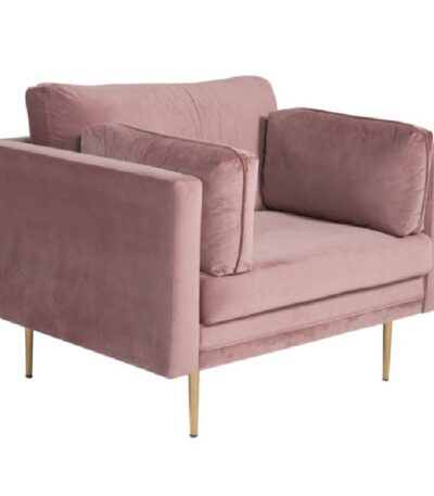 Fauteuil de salon rose Bosco en velours avec assise profonde et coussins dans un intérieur contemporain