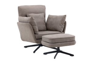 Fauteuil gris avec repose-pieds Magalas en tissu bouclé avec coussins et piètement noir dans un salon contemporain